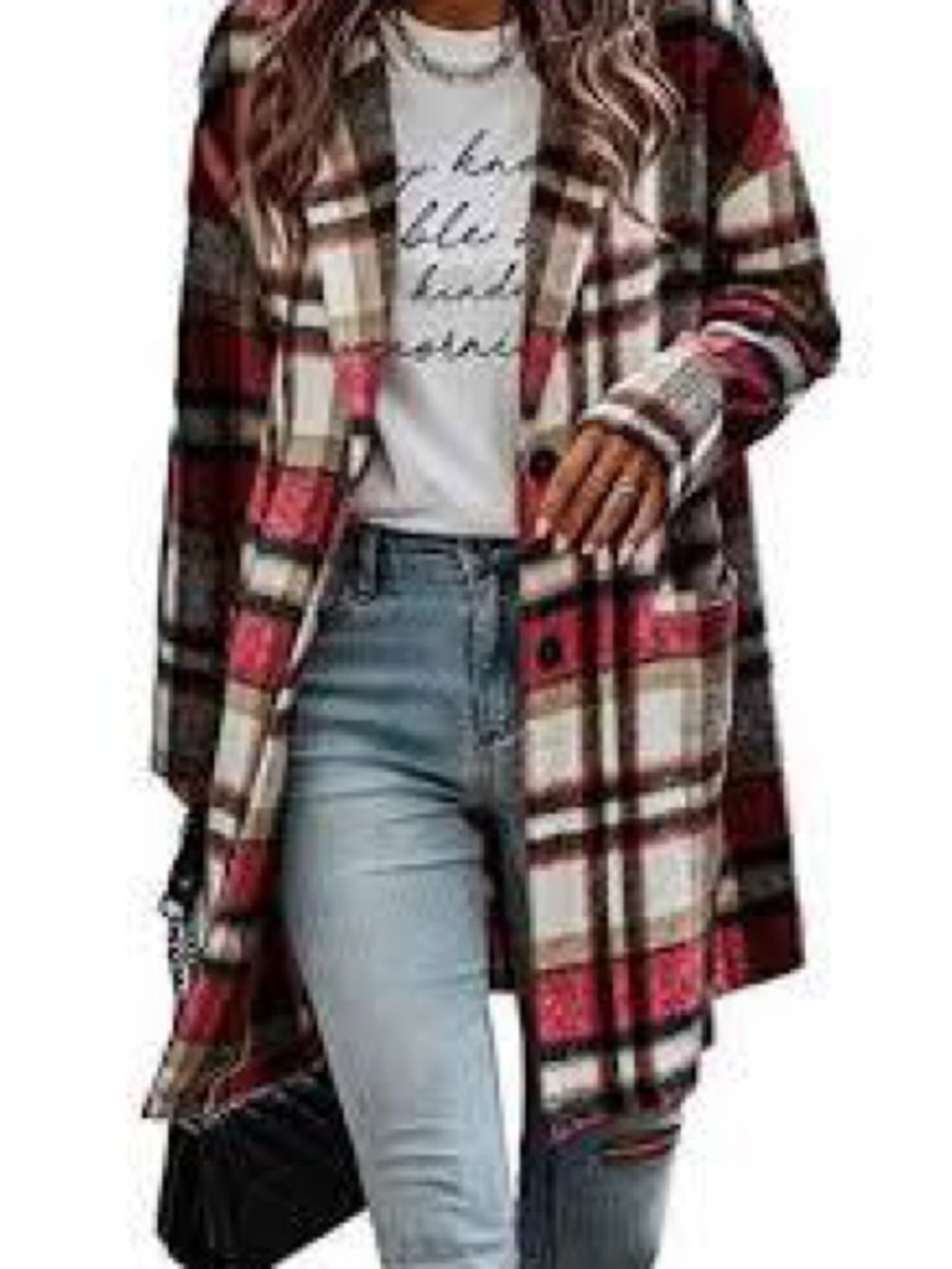 Pretty Garden Women's Flannel Coatigan Duster Red and Black Plaid Tartan. Small